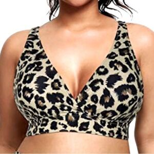 NWT Yonique Women’s Cheetah Print V-Neck Swim Top, Size 26W